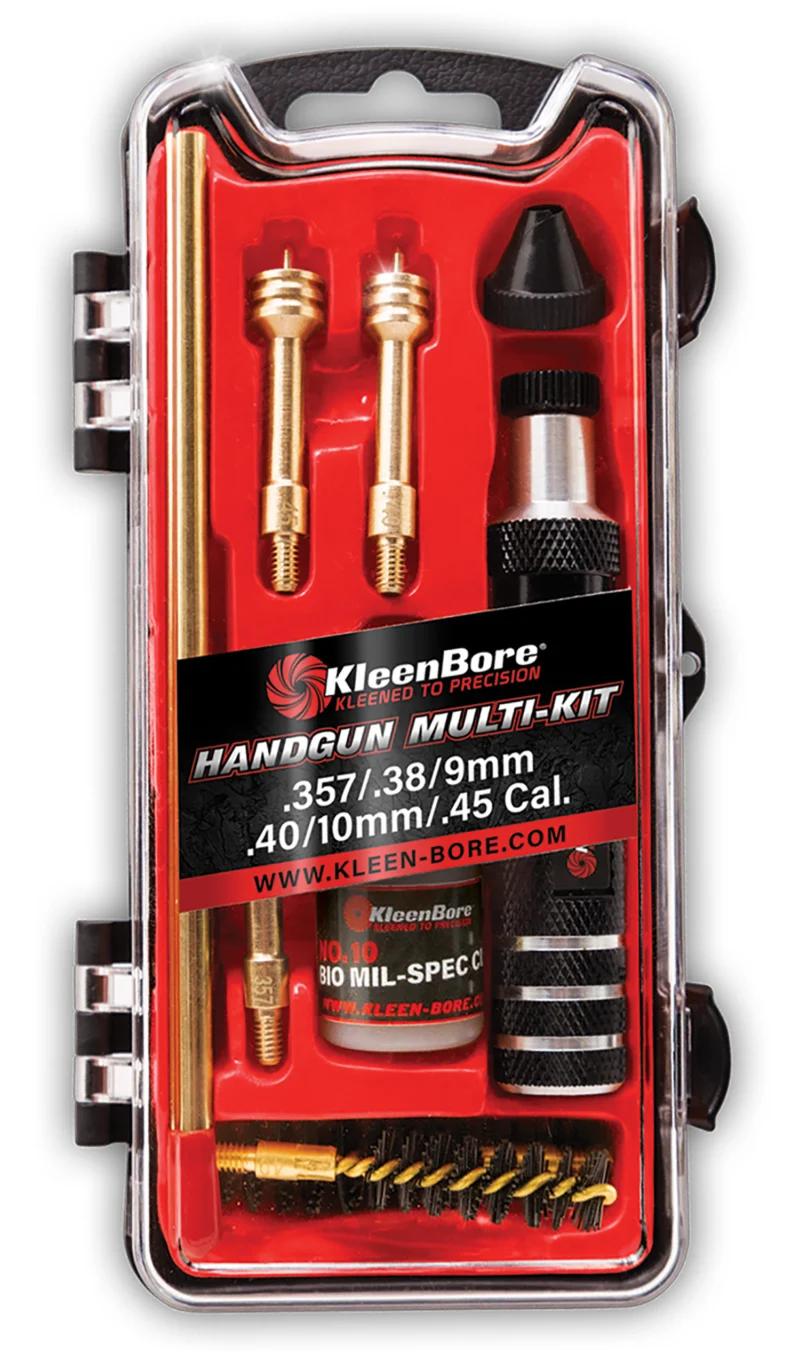 Kleen-Bore HMK3845 multi-pistol cleaning kit in black/red case with rods, brushes and CLP