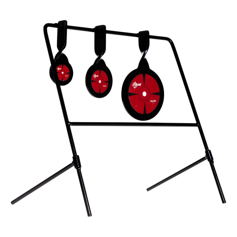 EZ-Aim Triple Deflector Spinner Target System with three steel spinners, black and red finish