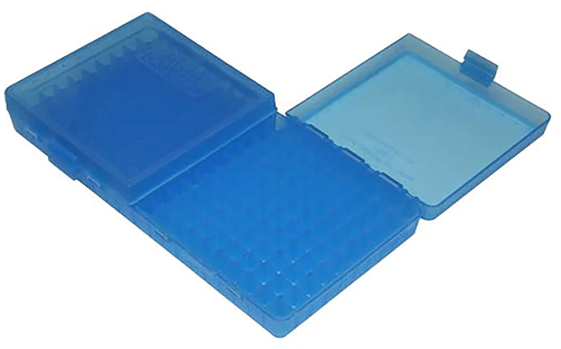 MTM 200-round clear blue flip-top pistol ammo box for 45 ACP .40 S&W 10mm