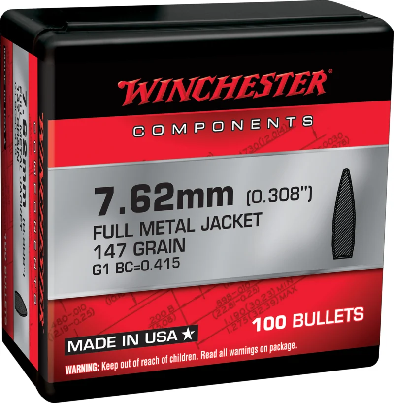 Winchester 147 gr .308 Full Metal Jacket Boat Tail bullets, box of 100