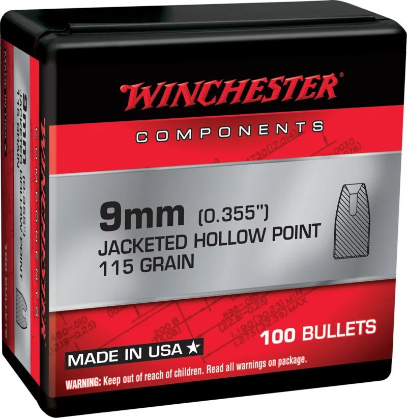 Winchester 9mm 115 gr JHP reloading bullets box of 100