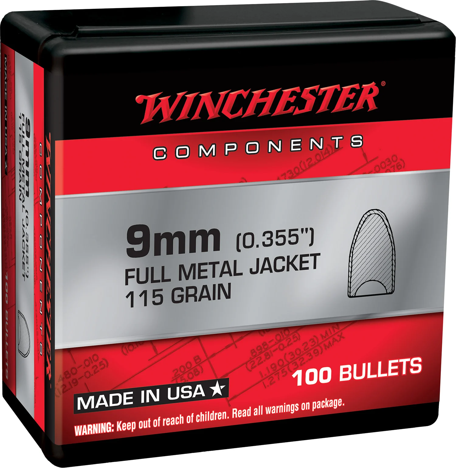 Winchester WB9MC115X 9mm 115gr FMJ flat base bullets box of 100