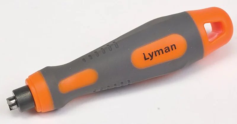 Lyman Small Primer Pocket Uniformer for multi-caliber rifle cases, gray and orange finish