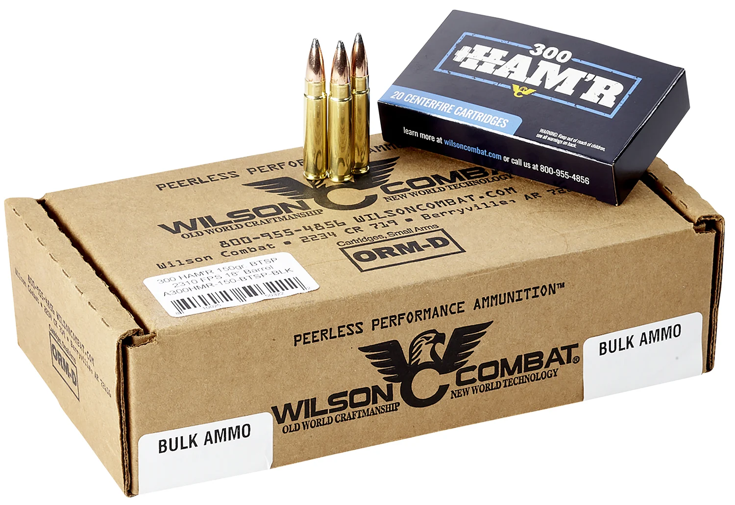 Wilson Combat .300 HAMR 150 gr Speer boat tail soft point ammunition box and cartridges