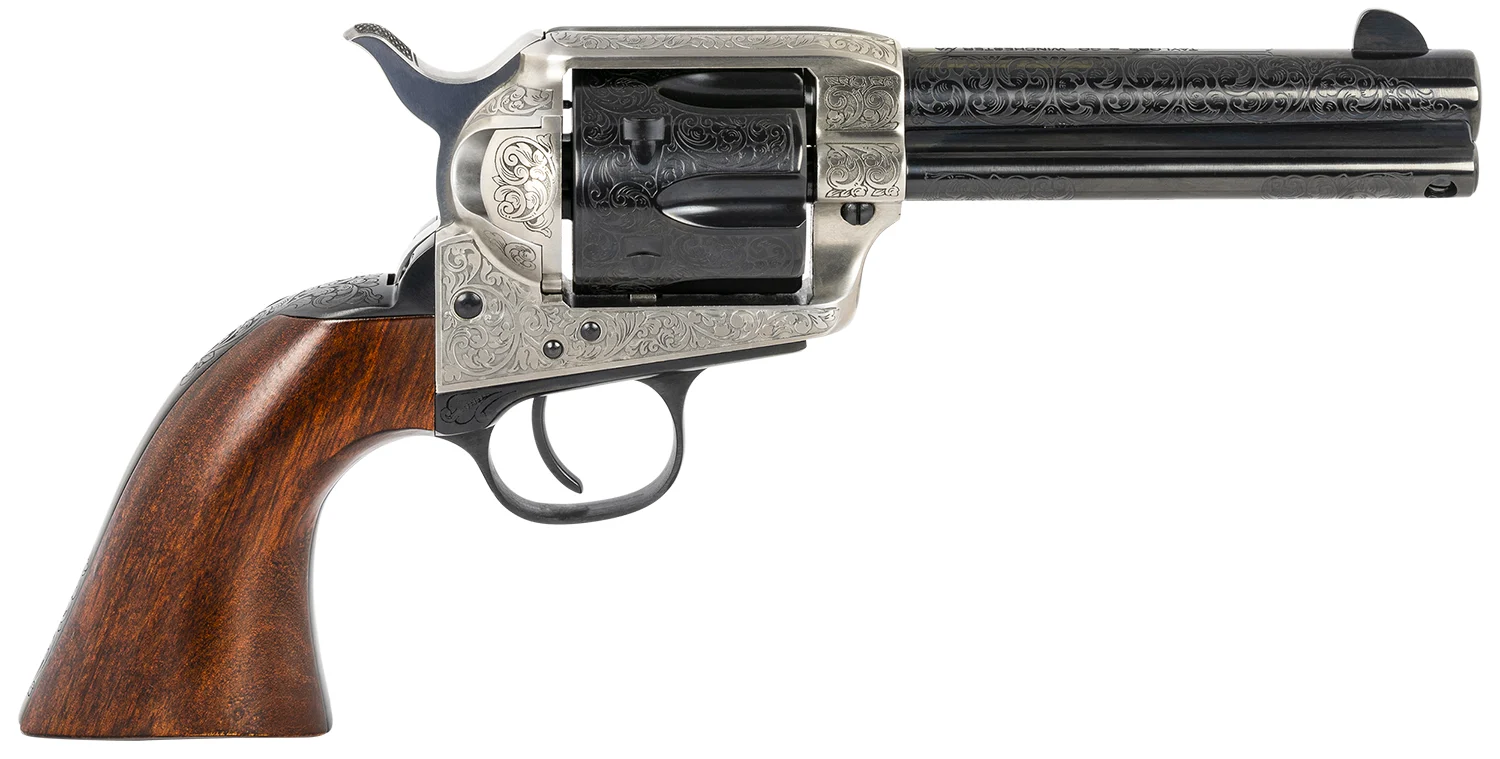 Taylors & Company 1873 Cattleman .357 Magnum 4.75 inch blued floral engraved revolver with walnut grip