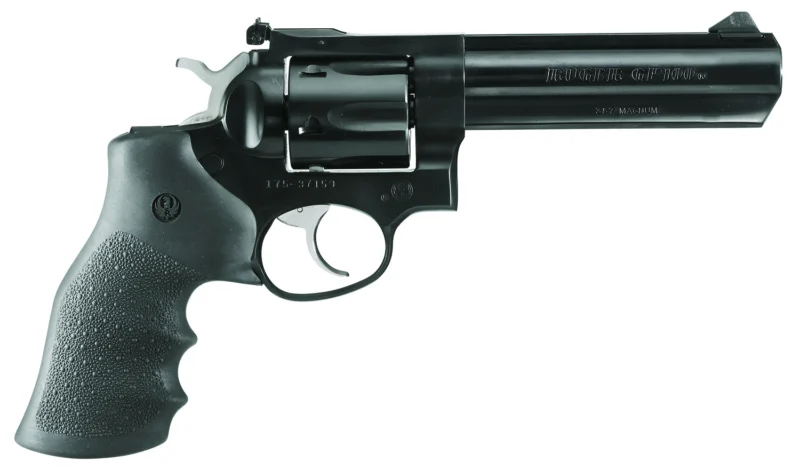 Ruger GP100 5-inch blued revolver with black finger-grooved rubber grip