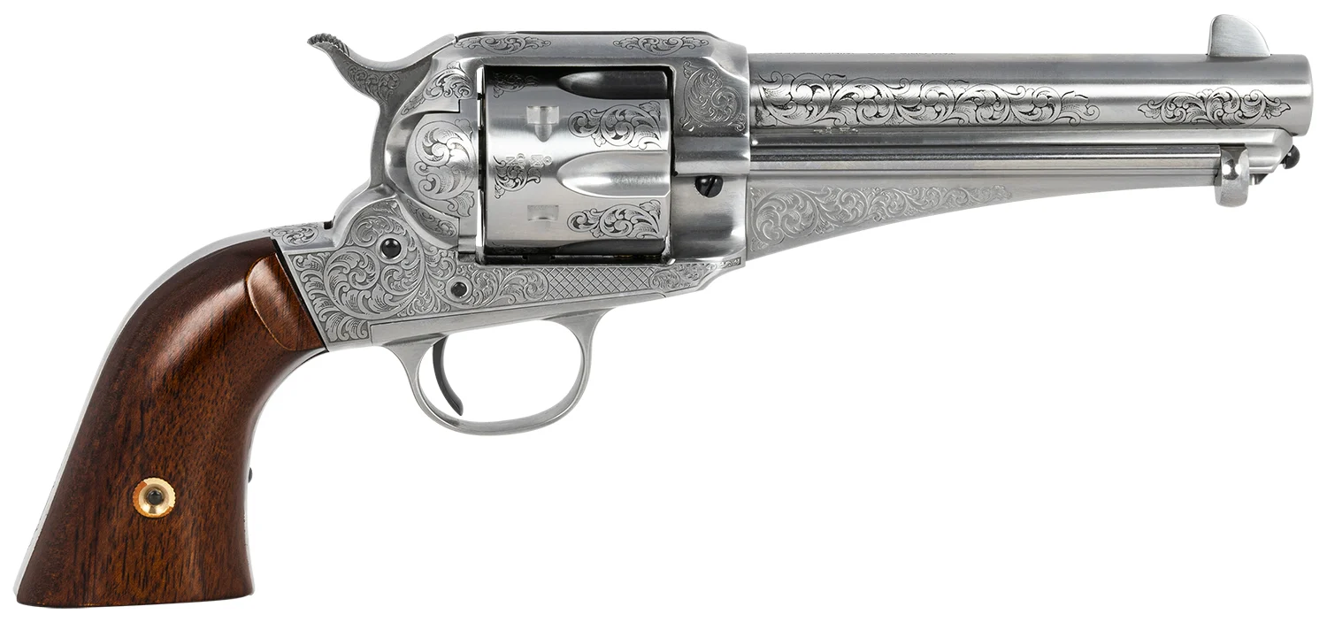 Taylors & Company 1875 Army Outlaw .45 Long Colt revolver, 5.50" barrel, white engraved finish, walnut grip
