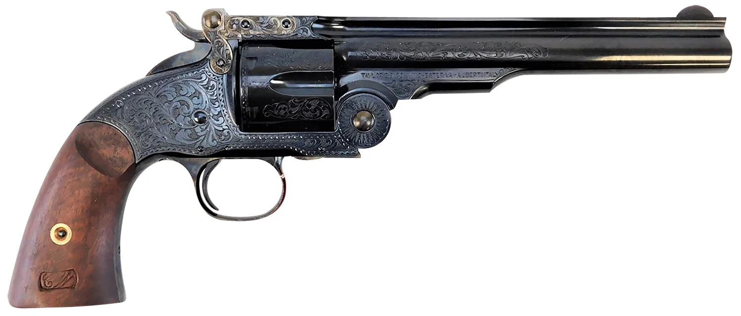 Taylors and Company Schofield 7" .45 Long Colt top-break revolver blued engraved with walnut grip