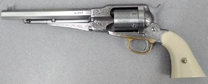 Taylors & Company 1858 Remington Conversion .45 Long Colt 8-inch nickel-plated engraved revolver with ivory grips