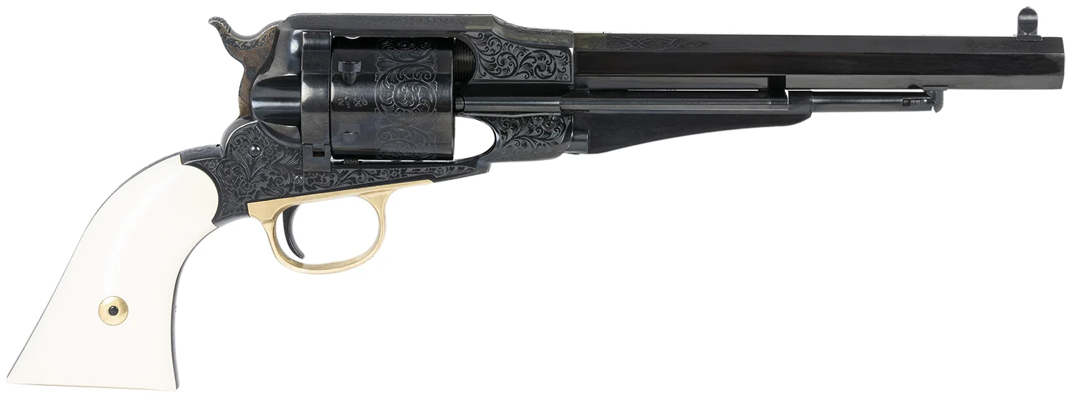 Taylors and Company Remington Conversion LawDawg .45 Long Colt 8 inch blued engraved revolver with ivory grips