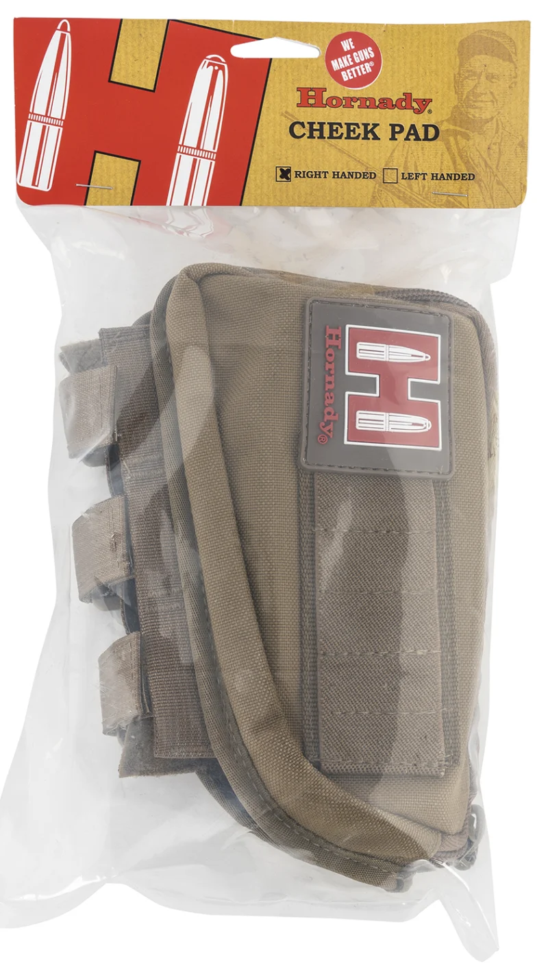 Hornady 99110 tan Cordura gun cheek piece with five cartridge loops, right-hand