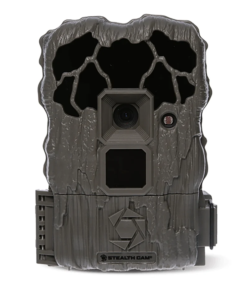 Stealth Cam QS20 trail camera 20MP gray tree bark low-glow IR front view