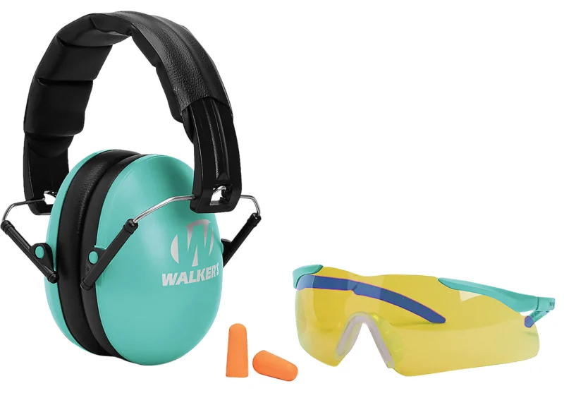 Walkers Youth/Women folding passive earmuffs with polycarbonate safety glasses in black and teal