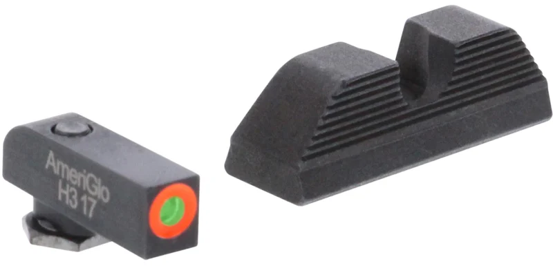 AmeriGlo Protector green tritium front sight with orange outline and black serrated rear sight for Glock