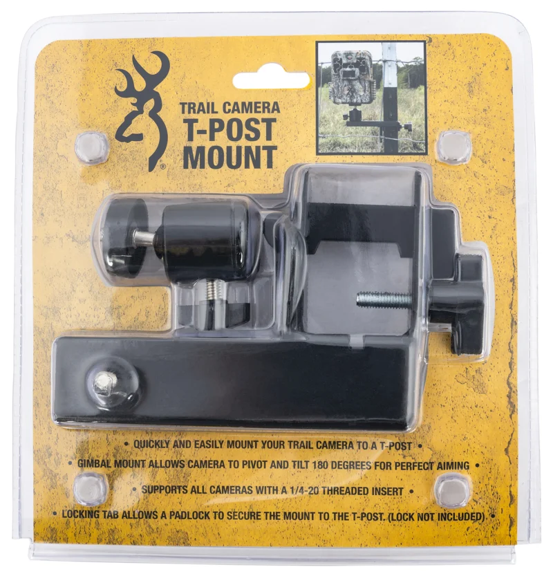 Browning Trail Camera T-Post Mount black powder coated steel adjustable gimbal on T-post