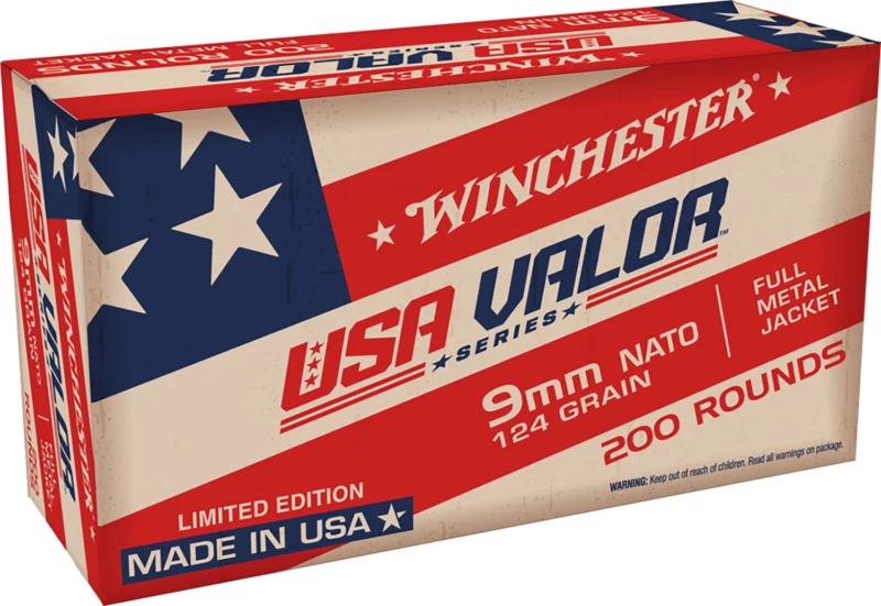 Box of Winchester USA Valor 9mm 124 gr FMJ pistol ammunition, 200 rounds