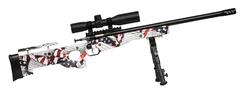 Keystone Crickett Precision .22 LR rifle with 16.12 inch bull barrel, thumbhole American-flag stock and muzzle brake