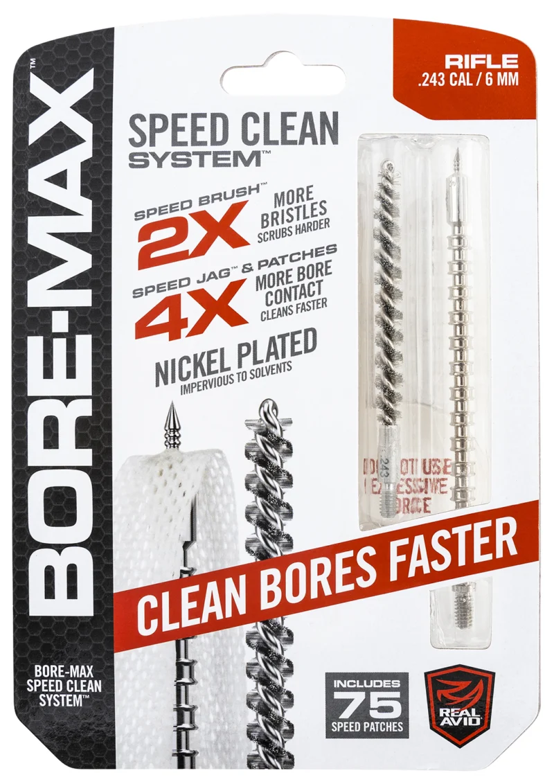 Real Avid Bore-Max Speed Clean Upgrade Set for .243 Cal rifle with brush, jag and patches