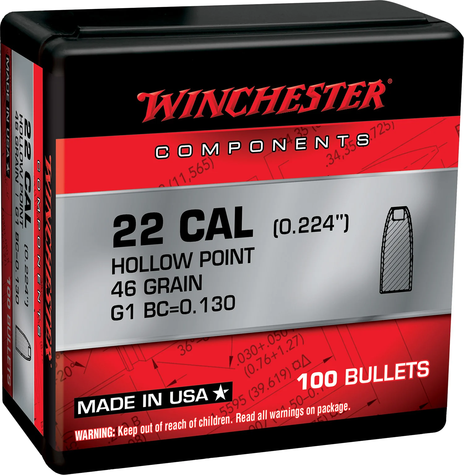 Winchester WB22HP46X 22 Hornet 46 gr Hollow Point reloading bullets, 100 per box