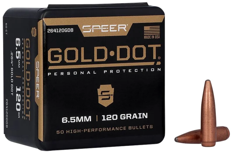 Speer Gold Dot 264Cal 120gr Bonded Soft Point bullet, 50 per box