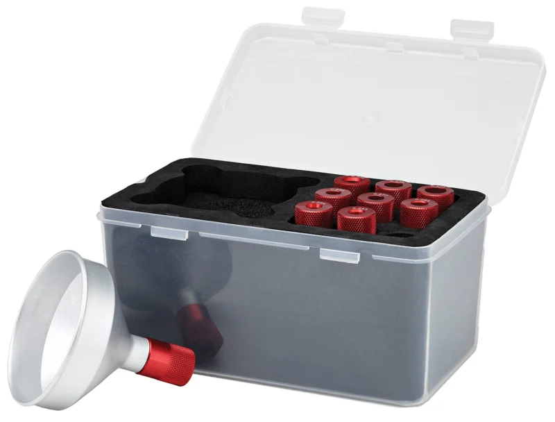 Hornady Premium Powder Funnel Kit in gray with nine caliber bushings and storage case