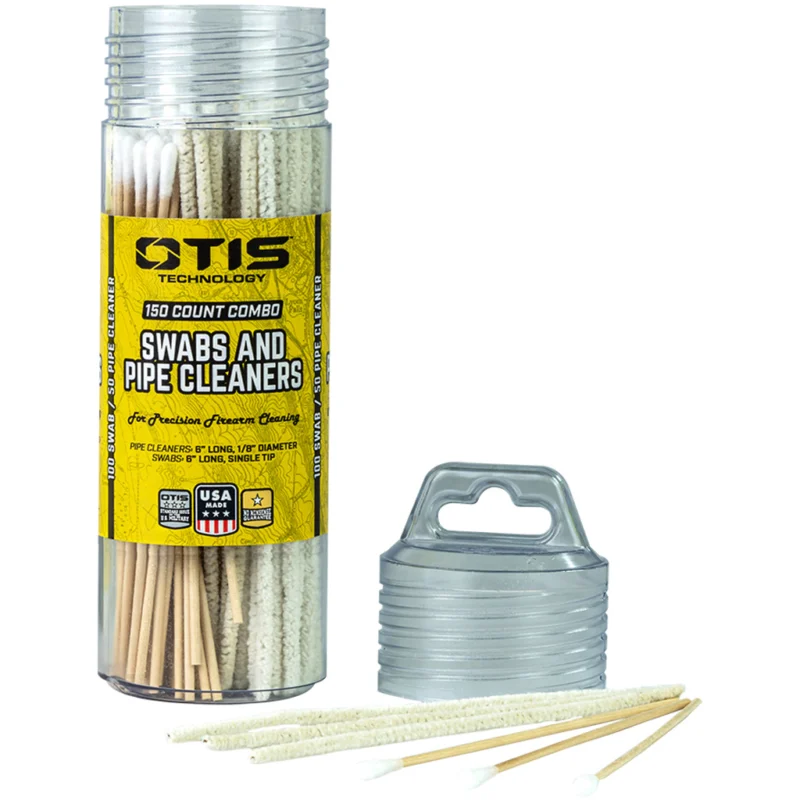 Otis single-tip cotton swabs and pipe cleaners in a reusable storage tube