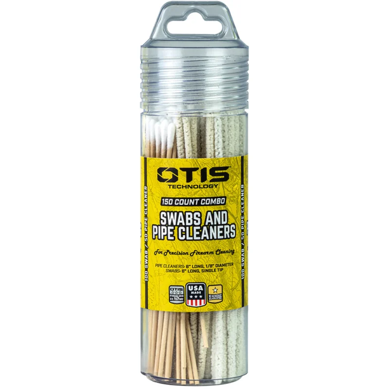 Otis single-tip cotton swabs and pipe cleaners in a reusable storage tube