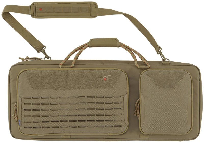 TacSix Squad 32in coyote tactical rifle case with laser-cut MOLLE front and padded interior