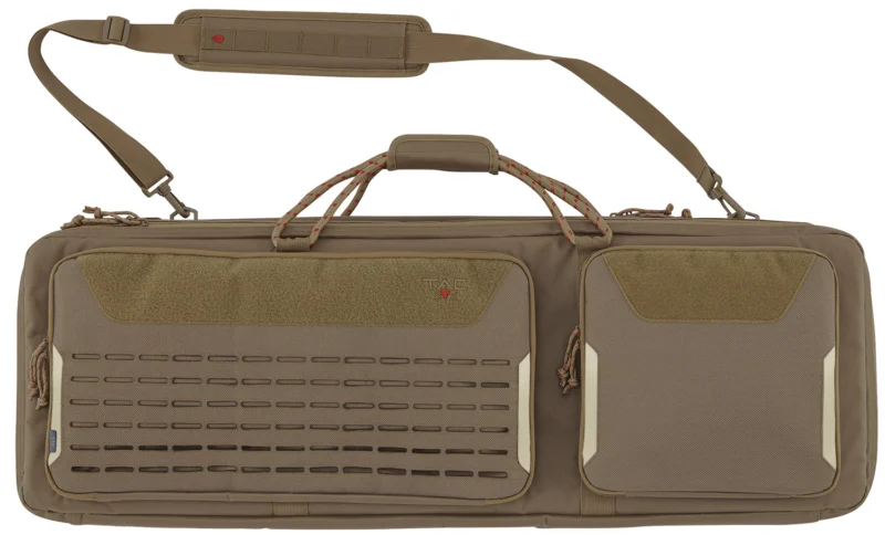 Allen Tac Six 2-gun tactical case in Coyote with MOLLE front pocket and padded shoulder strap