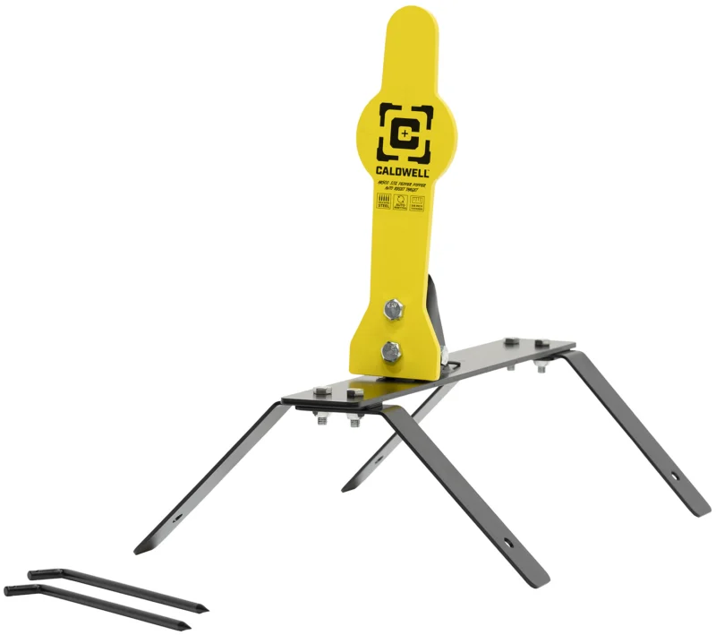 Caldwell AR500 33% yellow pepper popper auto-reset target on freestanding frame with ground stakes