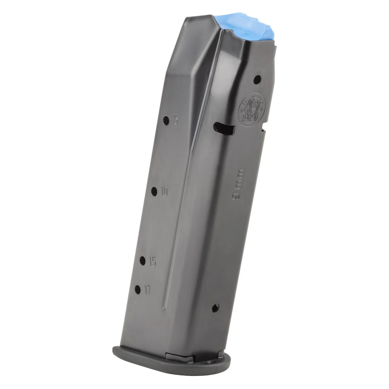 Smith & Wesson CSX 17rd 9mm black steel magazine with blue follower and spacers