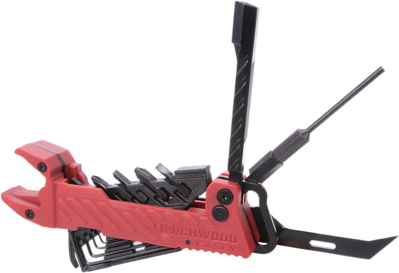Birchwood Casey PGMT pistol multi-tool in red and black showing bushing wrench and bit storage