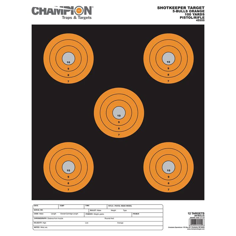 Champion ShotKeeper Targets large black and orange paper 5-bull, 12-pack