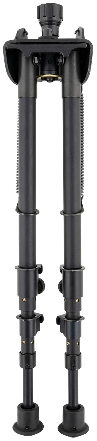 Harris S-25CP swivel bipod mounted on Picatinny rail, 13.5-27 inches, black steel/aluminum, rubber feet