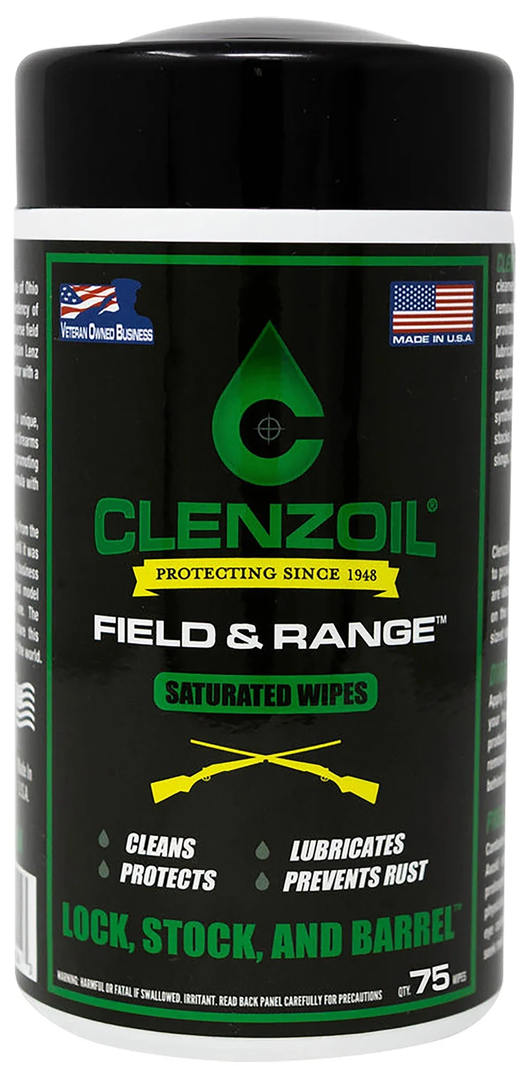 Clenzoil 2243 Field & Range Saturated Wipes container showing approximately 50 pre-saturated 5x7-inch wipes