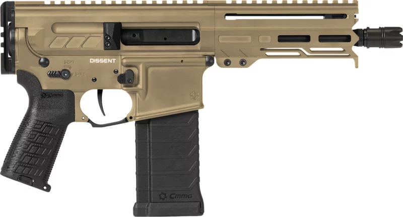 CMMG Dissent MK4 5.7x28 6.5in pistol in Coyote Tan angle view