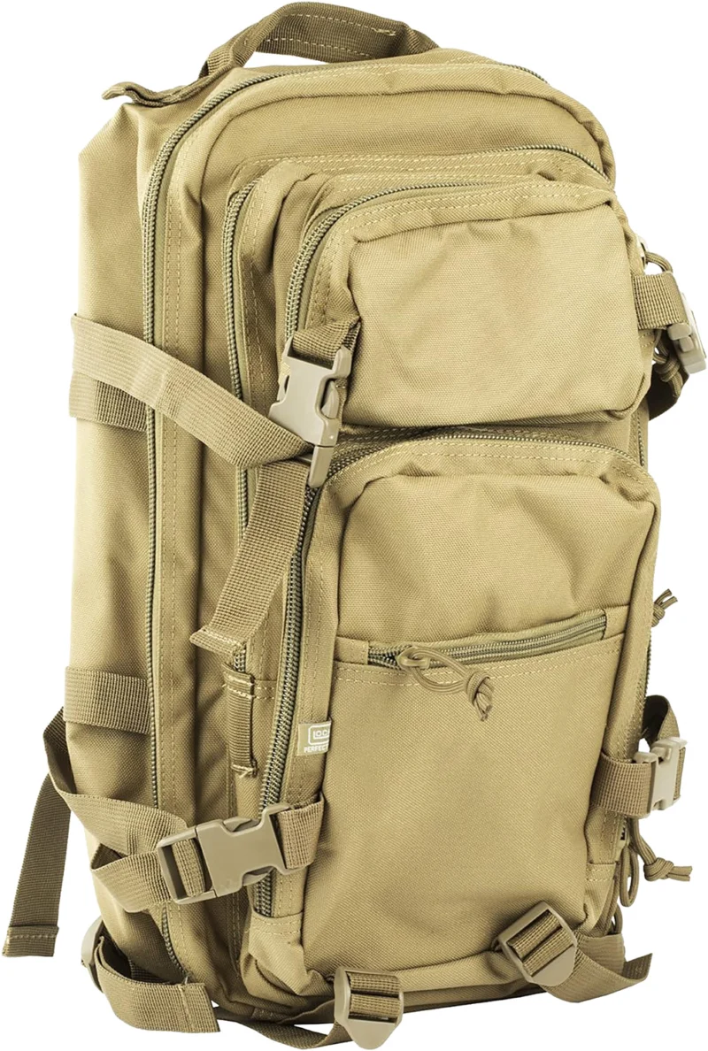 GLOCK Multi-Purpose Backpack Coyote Tan 18 x 11 x 11 in with multiple compartments