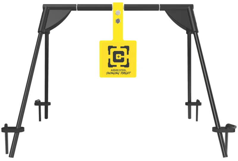 Caldwell AR500 swinging rifle target with standing frame and ground stakes, black and yellow