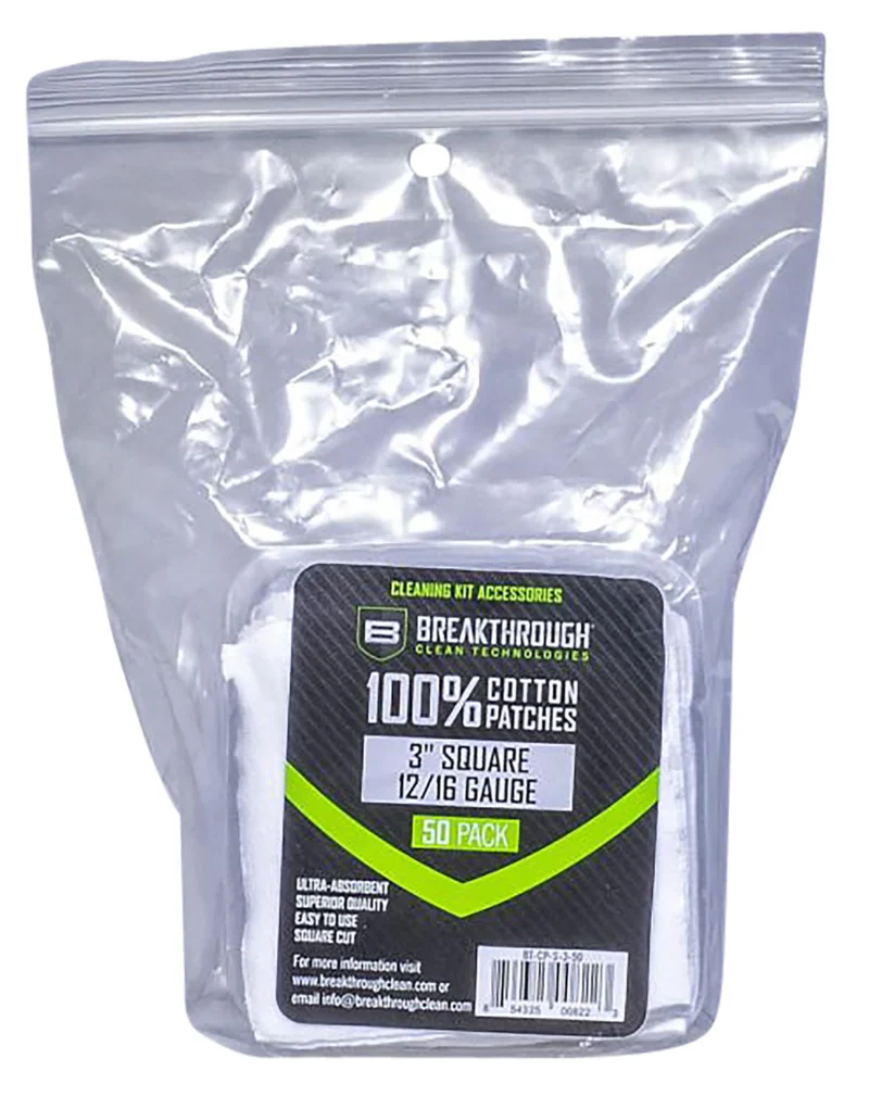 Breakthrough Clean 3x3 inch square cotton cleaning patches 50 pack for 12/16 gauge