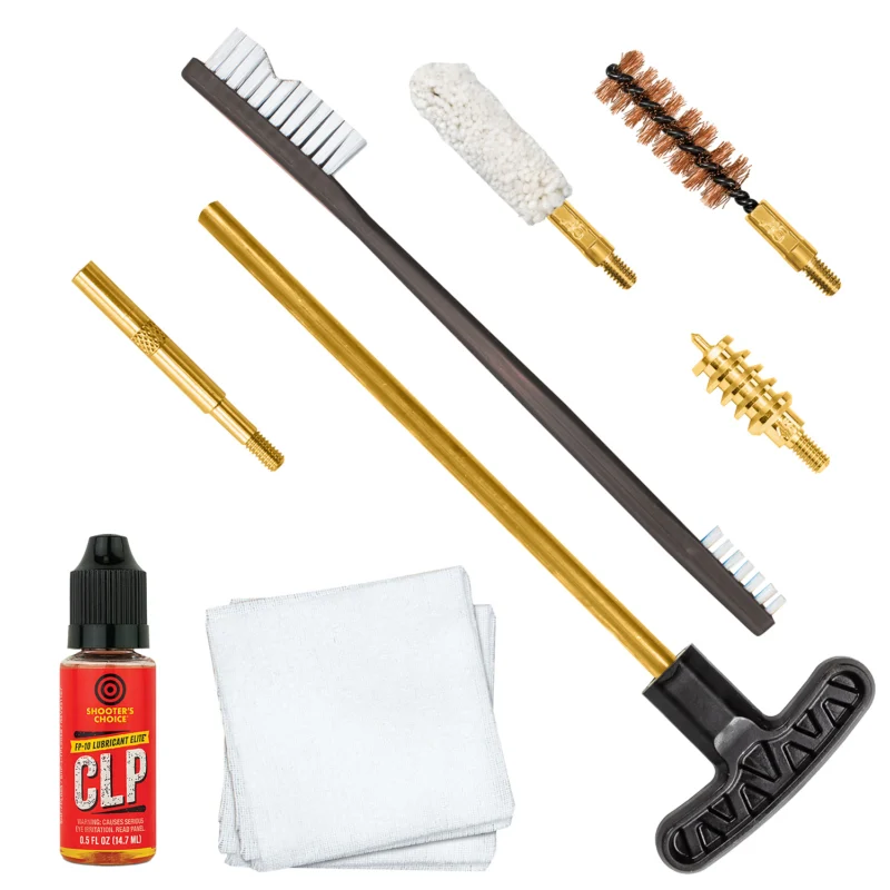Otis .45 cal pistol cleaning kit with brass rods, bore brush, patches and FP-10 CLP in a compact soft pack