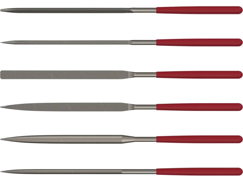 Birchwood Casey 6-piece gunsmithing file set, hardened carbon steel files with red and black rubber-dipped handles and storag