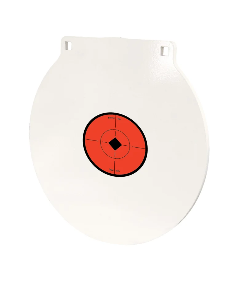 Birchwood Casey 12-inch round NM500 steel hanging target plate in black red white