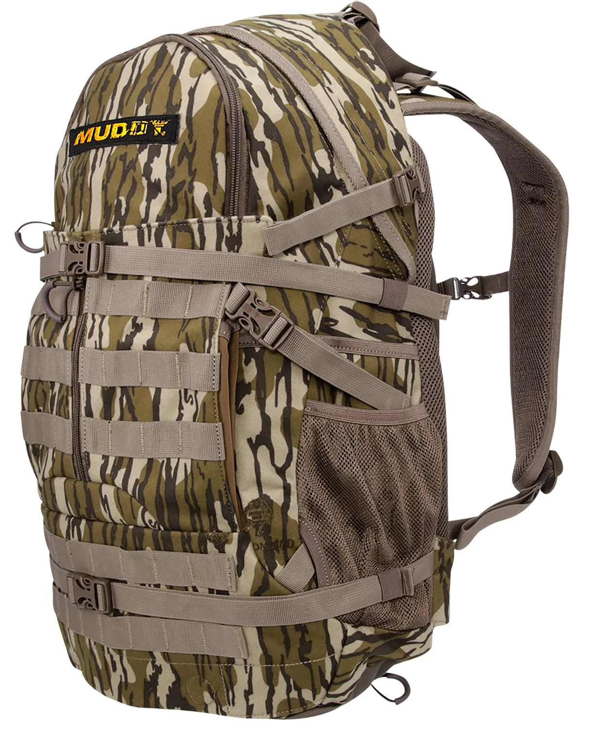 Muddy Pro 1300 hunting pack in Mossy Oak Bottomland camouflage showing front pockets and straps