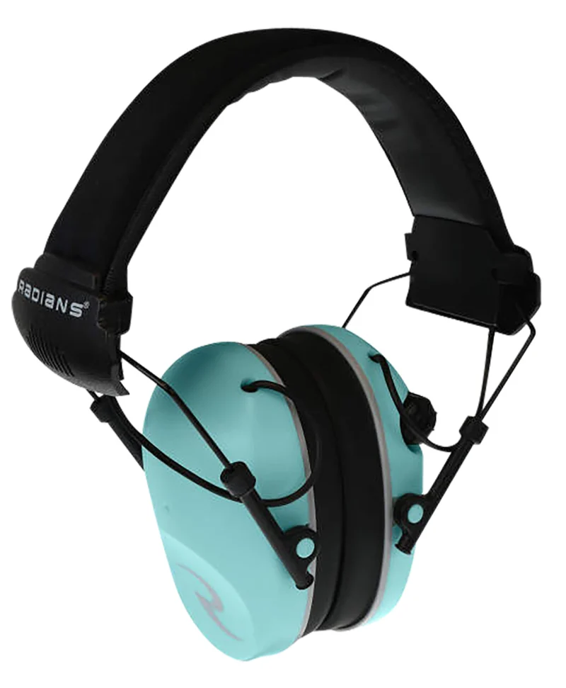Radians R-3200 Dual Mic electronic earmuff in Aqua Blue, 23 dB NRR