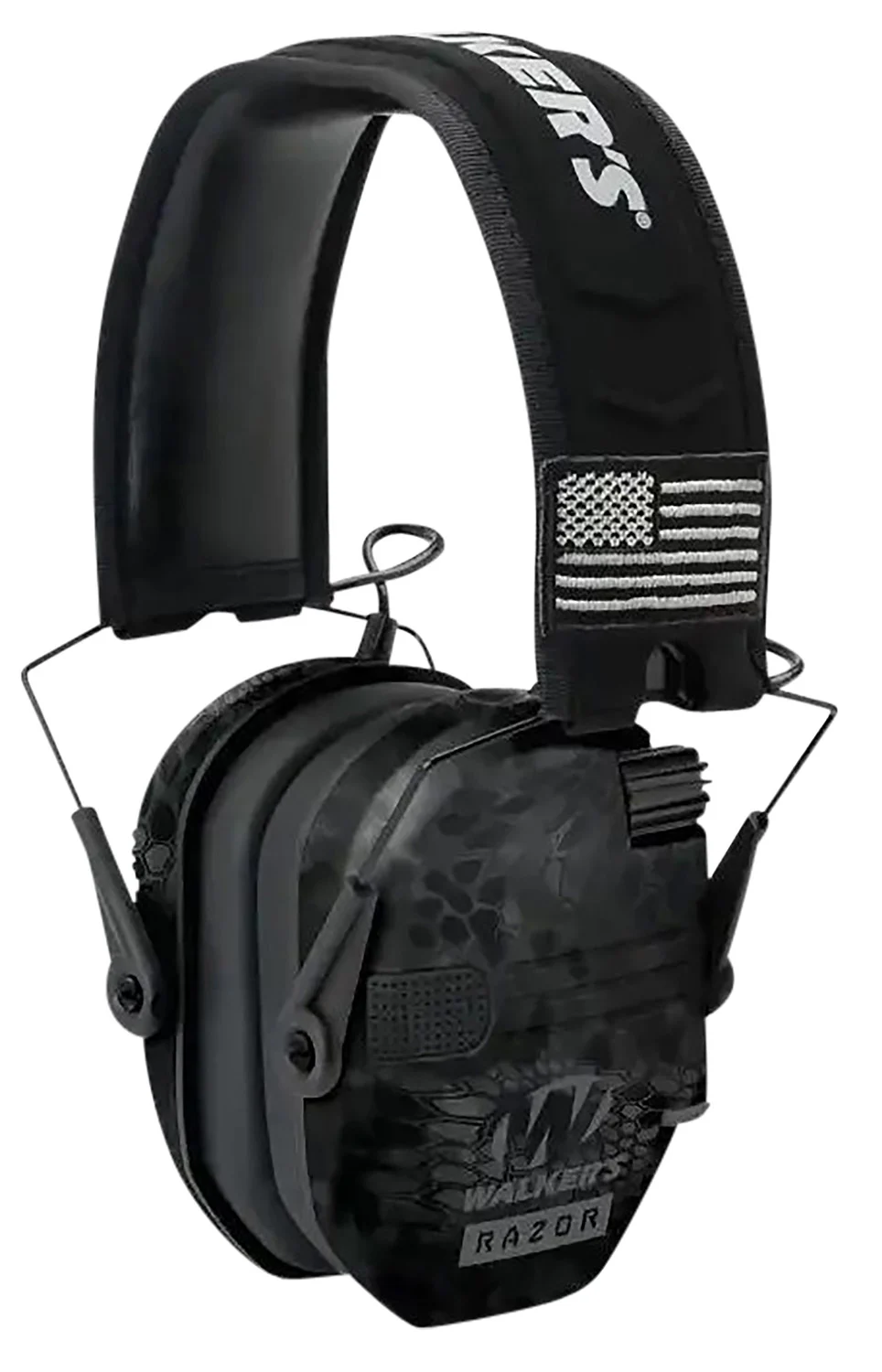 Walkers Razor Patriot Slim electronic earmuff in Kryptek Highlander/Black with over-the-head band