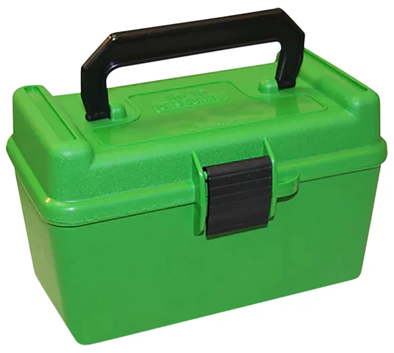 MTM Deluxe H-50 XL 50-round green rifle ammo box with fold-down handle and bullet tip protection
