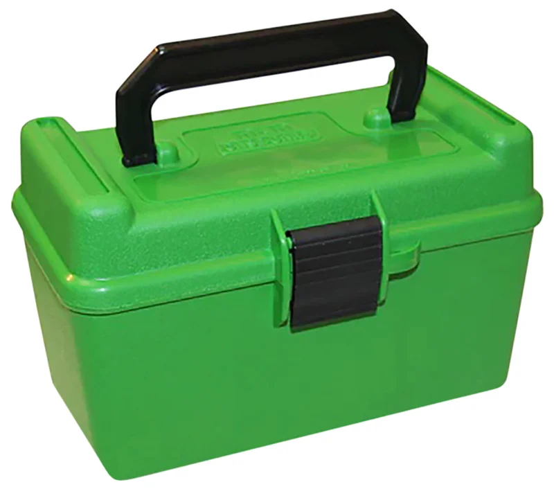 MTM Deluxe 50-round green rifle ammo box with folding handle and bullet-tip protection