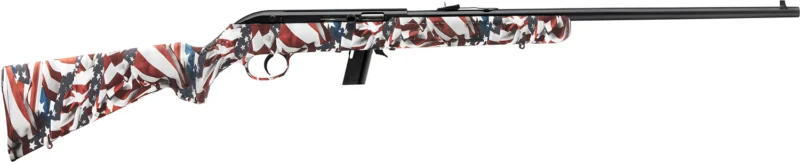 Savage 64F .22 LR semi-auto rifle with American flag synthetic sporter stock and blued carbon steel barrel