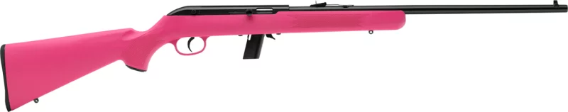 Savage 64F .22 LR rifle, 21 inch blued barrel, pink synthetic sporter stock, 10-round magazine