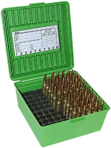 MTM R-100 Deluxe 100-round green rifle ammo box with handle and Snap-Lok latch